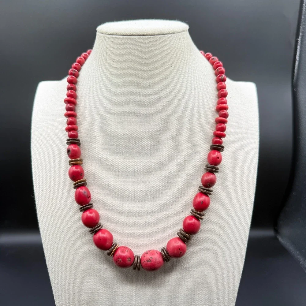 Red Graduated Bead Necklace Coconut Shell Spacers Boho Tribal Statement Jewelry